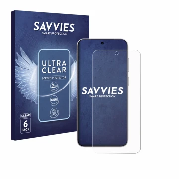 Face avant d’un emballage produit avec le logo de la marque Savvies. À côté, l’appareil Vivo X300 est représenté avec la prote