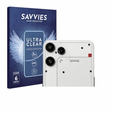 Face avant d’un emballage produit avec le logo de la marque Savvies. À côté, l’appareil Nothing Phone (3a) Lite (Caméra UNIQUE