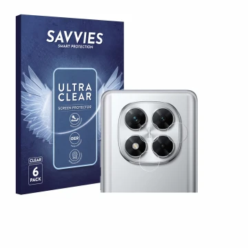 Face avant d’un emballage produit avec le logo de la marque Savvies. À côté, l’appareil Xiaomi Poco X7 (Caméra UNIQUEMENT) est