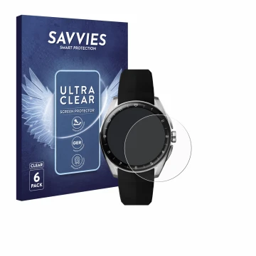Face avant d’un emballage produit avec le logo de la marque Savvies. À côté, l’appareil TAG Heuer Connected Calibre E5 (40 mm)