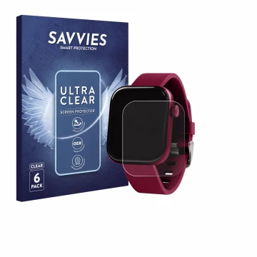 Face avant d’un emballage produit avec le logo de la marque Savvies. À côté, l’appareil Reflex Active Berry AMOLED 1.85