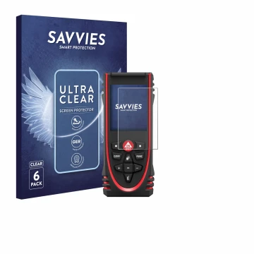 Face avant d’un emballage produit avec le logo de la marque Savvies. À côté, l’appareil Leica DISTO X3 est représenté avec la 