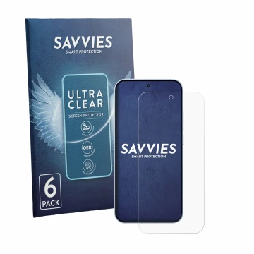 Face avant d’un emballage produit avec le logo de la marque Savvies. À côté, l’appareil Oppo Reno 15 est représenté avec la pr