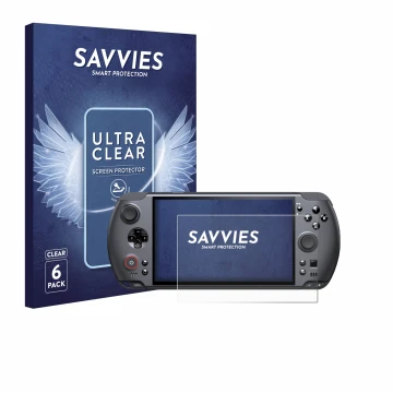 Face avant d’un emballage produit avec le logo de la marque Savvies. À côté, l’appareil GPD Win 5 est représenté avec la prote