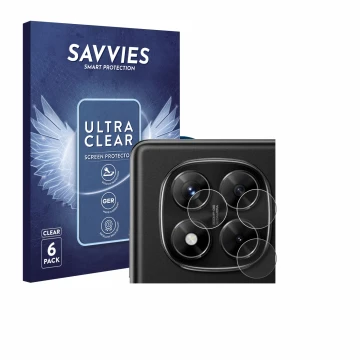 Face avant d’un emballage produit avec le logo de la marque Savvies. À côté, l’appareil Xiaomi Redmi Note 14 Pro 4G (Caméra UN