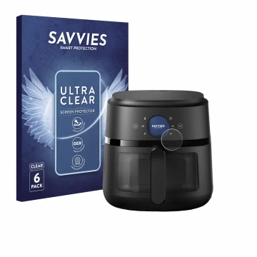 Face avant d’un emballage produit avec le logo de la marque Savvies. À côté, l’appareil Philips Airfryer 2000 Gen 2 6,2L est r