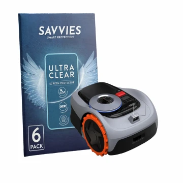 Face avant d’un emballage produit avec le logo de la marque Savvies. À côté, l’appareil Navimow i105E+ est représenté avec la 