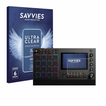 Face avant d’un emballage produit avec le logo de la marque Savvies. À côté, l’appareil Akai MPC Live III est représenté avec 
