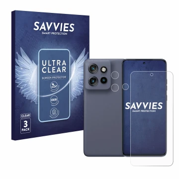 Face avant d’un emballage produit avec le logo de la marque Savvies. À côté, l’appareil Motorola Edge 60 Neo (Avant+Caméra) es