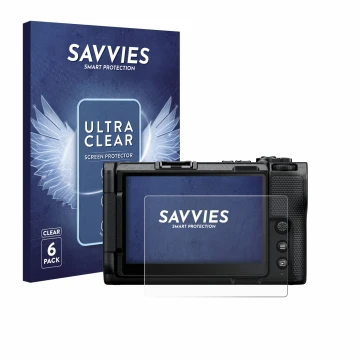 Face avant d’un emballage produit avec le logo de la marque Savvies. À côté, l’appareil Nikon ZR 2025 est représenté avec la p