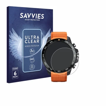 Face avant d’un emballage produit avec le logo de la marque Savvies. À côté, l’appareil Xiaomi Mibro GS Explorer S est représe