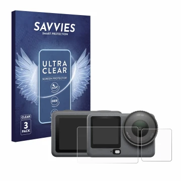 Face avant d’un emballage produit avec le logo de la marque Savvies. À côté, l’appareil DJI Osmo Action 6 est représenté avec 