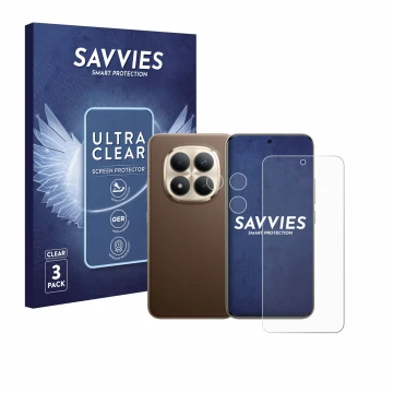 Face avant d’un emballage produit avec le logo de la marque Savvies. À côté, l’appareil Xiaomi Redmi Note 15 Pro Plus 5G (Avan