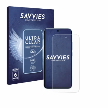 Face avant d’un emballage produit avec le logo de la marque Savvies. À côté, l’appareil Oppo Reno 15 FS 5G est représenté avec