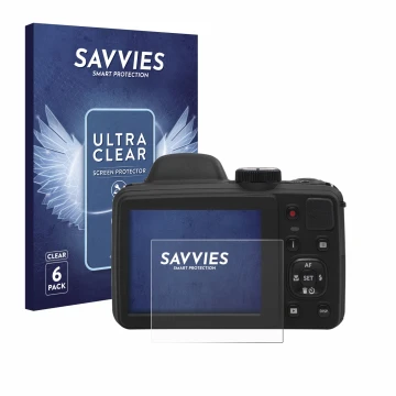 Face avant d’un emballage produit avec le logo de la marque Savvies. À côté, l’appareil Kodak Pixpro AZ405 est représenté avec