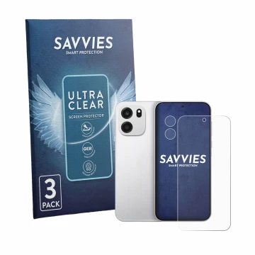 Face avant d’un emballage produit avec le logo de la marque Savvies. À côté, l’appareil OnePlus Turbo 6V (Avant+Caméra) est re