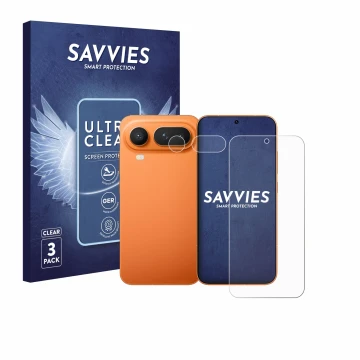 Face avant d’un emballage produit avec le logo de la marque Savvies. À côté, l’appareil Honor Magic 8 Pro Lite (Avant+Caméra) 