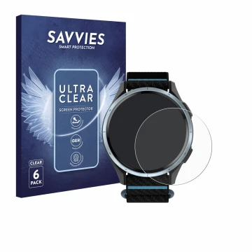 Face avant d’un emballage produit avec le logo de la marque Savvies. À côté, l’appareil Garmin Approach J1 est représenté avec