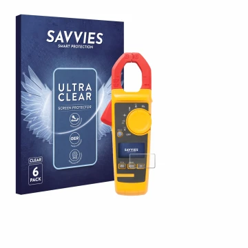 Face avant d’un emballage produit avec le logo de la marque Savvies. À côté, l’appareil Fluke 325 est représenté avec la prote