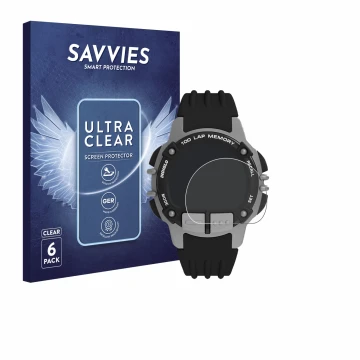 Face avant d’un emballage produit avec le logo de la marque Savvies. À côté, l’appareil Timex Ironman TW5M63200 est représenté