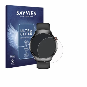 Face avant d’un emballage produit avec le logo de la marque Savvies. À côté, l’appareil Smartwatch ET460 1.47