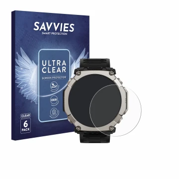 Face avant d’un emballage produit avec le logo de la marque Savvies. À côté, l’appareil Huami Amazfit T-Rex Ultra 2 est représ
