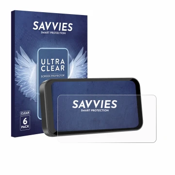 Face avant d’un emballage produit avec le logo de la marque Savvies. À côté, l’appareil Carpuride W603B 6.3