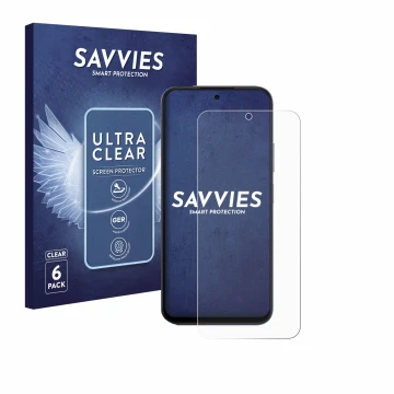 Face avant d’un emballage produit avec le logo de la marque Savvies. À côté, l’appareil Oppo A6x 4G est représenté avec la pro