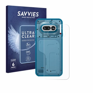 Face avant d’un emballage produit avec le logo de la marque Savvies. À côté, l’appareil Nothing Phone (4a) (Arrière) est repré