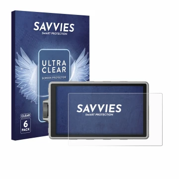 Face avant d’un emballage produit avec le logo de la marque Savvies. À côté, l’appareil DJI Ronin 4D est représenté avec la pr