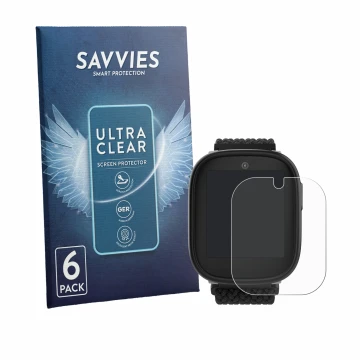 Face avant d’un emballage produit avec le logo de la marque Savvies. À côté, l’appareil Xplora X6 Play eSIM (2ème génération) 