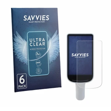 Face avant d’un emballage produit avec le logo de la marque Savvies. À côté, l’appareil Datalogic Joya Smart & Smart+ est repr