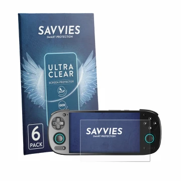 Face avant d’un emballage produit avec le logo de la marque Savvies. À côté, l’appareil Retroid Pocket 5 est représenté avec l