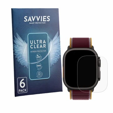 Face avant d’un emballage produit avec le logo de la marque Savvies. À côté, l’appareil Apple Watch Ultra 4 (49 mm) est représ