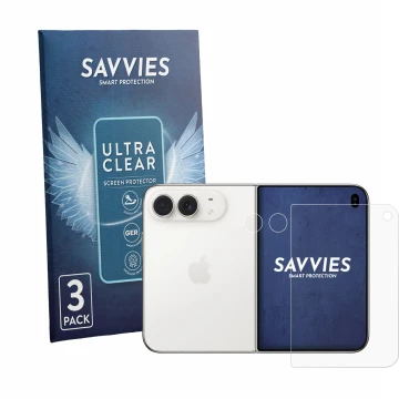Face avant d’un emballage produit avec le logo de la marque Savvies. À côté, l’appareil Apple iPhone Duo (Avant+Caméra) est re