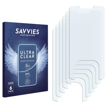 Face avant d’un emballage produit avec le logo de la marque Savvies. À côté se trouve la protection d’écran correspondante.