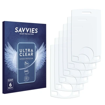 Face avant d’un emballage produit avec le logo de la marque Savvies. À côté se trouve la protection d’écran correspondante.