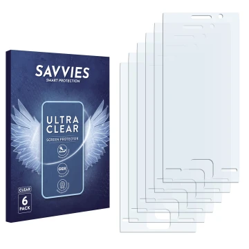 Face avant d’un emballage produit avec le logo de la marque Savvies. À côté se trouve la protection d’écran correspondante.