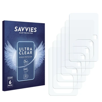 Face avant d’un emballage produit avec le logo de la marque Savvies. À côté se trouve la protection d’écran correspondante.
