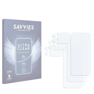 Face avant d’un emballage produit avec le logo de la marque Savvies. À côté se trouve la protection d’écran correspondante.