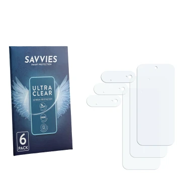 Face avant d’un emballage produit avec le logo de la marque Savvies. À côté se trouve la protection d’écran correspondante.