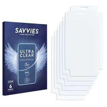 Face avant d’un emballage produit avec le logo de la marque Savvies. À côté se trouve la protection d’écran correspondante.
