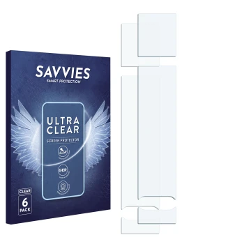 Face avant d’un emballage produit avec le logo de la marque Savvies. À côté se trouve la protection d’écran correspondante.