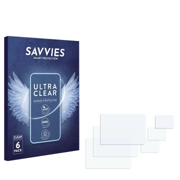 Face avant d’un emballage produit avec le logo de la marque Savvies. À côté se trouve la protection d’écran correspondante.