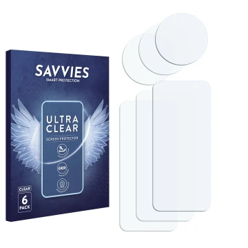 Face avant d’un emballage produit avec le logo de la marque Savvies. À côté se trouve la protection d’écran correspondante.