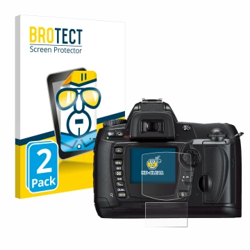 Face avant d’un emballage produit avec le logo de la marque BROTECT. À côté, l’appareil Nikon D70 est représenté avec la prote