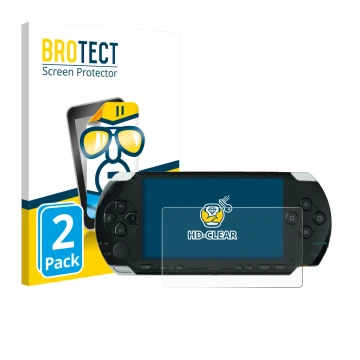 Face avant d’un emballage produit avec le logo de la marque BROTECT. À côté, l’appareil Sony PSP 1000 est représenté avec la p
