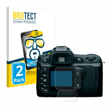 Face avant d’un emballage produit avec le logo de la marque BROTECT. À côté, l’appareil Nikon D50 est représenté avec la prote