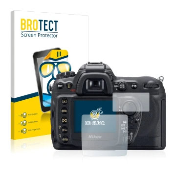 Face avant d’un emballage produit avec le logo de la marque BROTECT. À côté, l’appareil Nikon D200 est représenté avec la prot