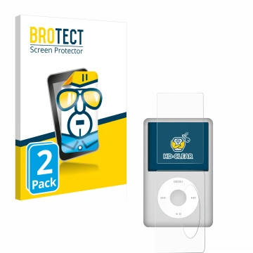 Face avant d’un emballage produit avec le logo de la marque BROTECT. À côté, l’appareil Apple iPod Classic (Avant+Arrière, 5.5